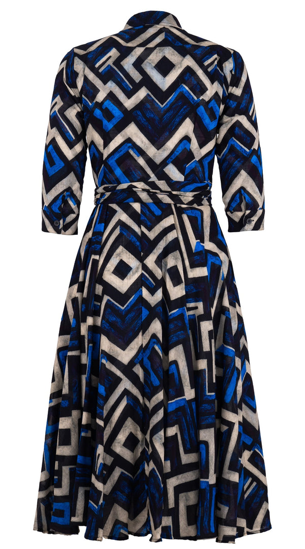 Olivia Dress Shirt Collar 3/4 Sleeve Midi Length Wool Musola (Kente Zigzag) - Blue