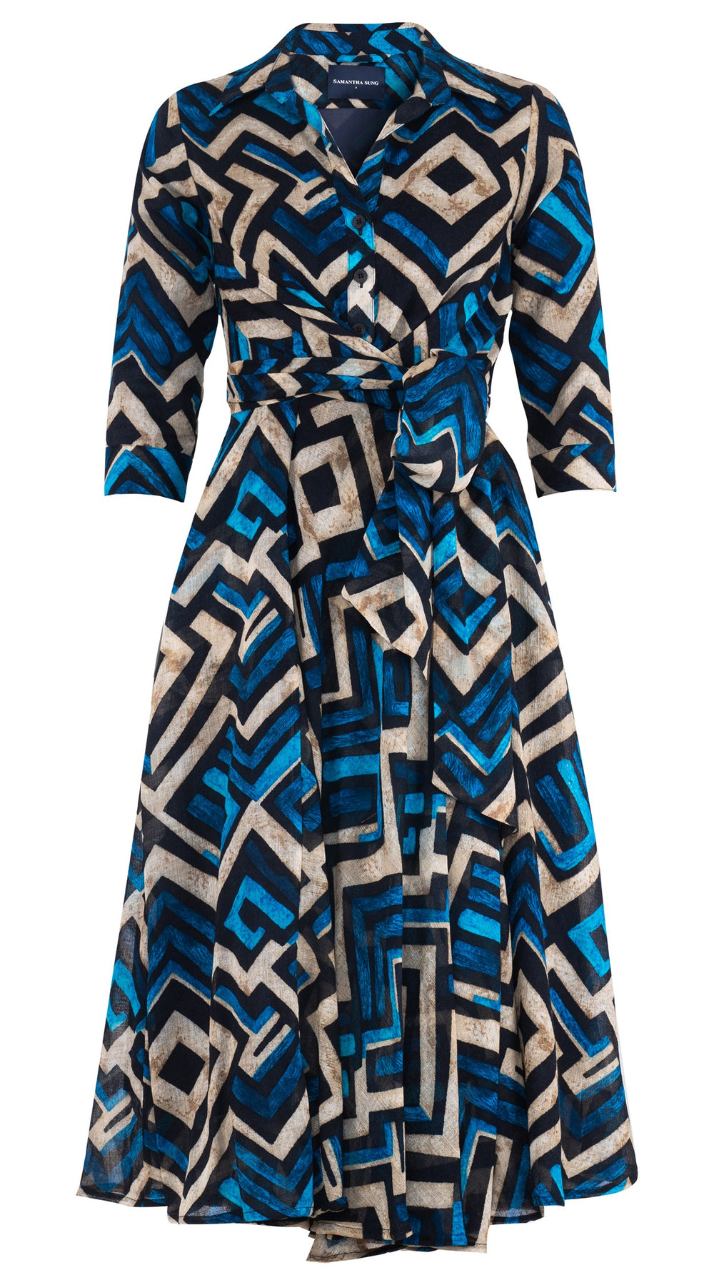 Olivia Dress Shirt Collar 3/4 Sleeve Midi Length Wool Musola (Kente Zigzag)