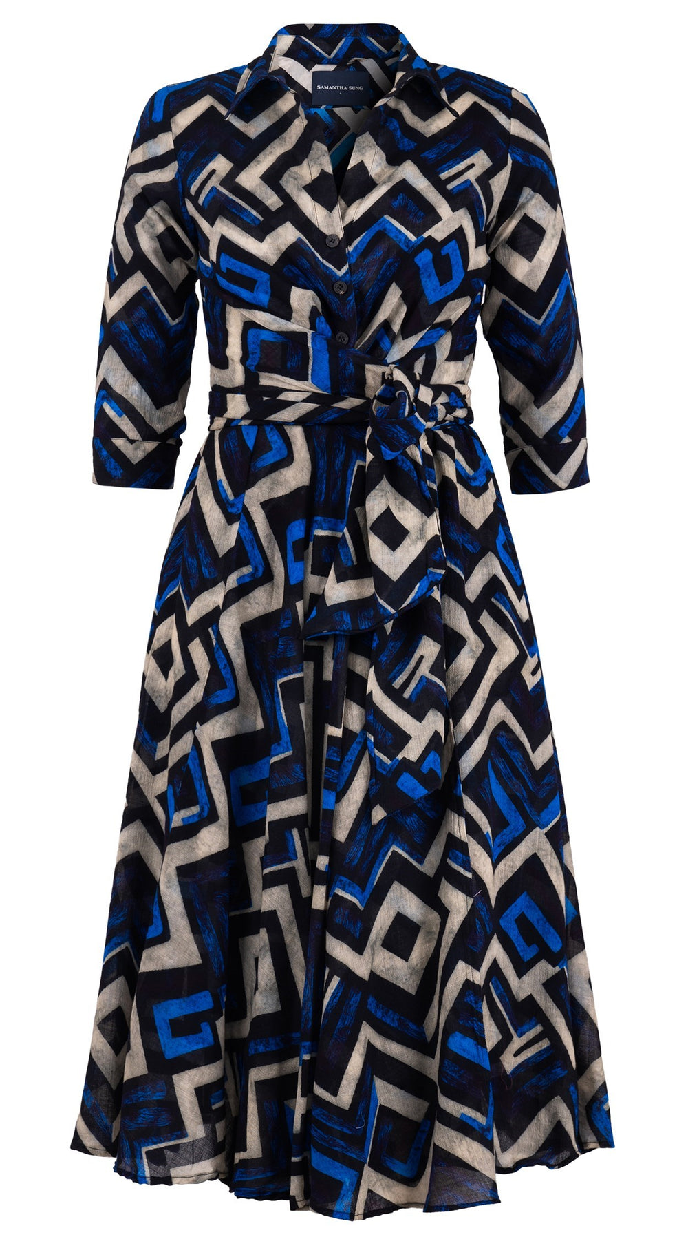 Olivia Dress Shirt Collar 3/4 Sleeve Midi Length Wool Musola (Kente Zigzag) - Blue