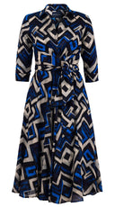 Olivia Dress Shirt Collar 3/4 Sleeve Midi Length Wool Musola (Kente Zigzag) - Blue