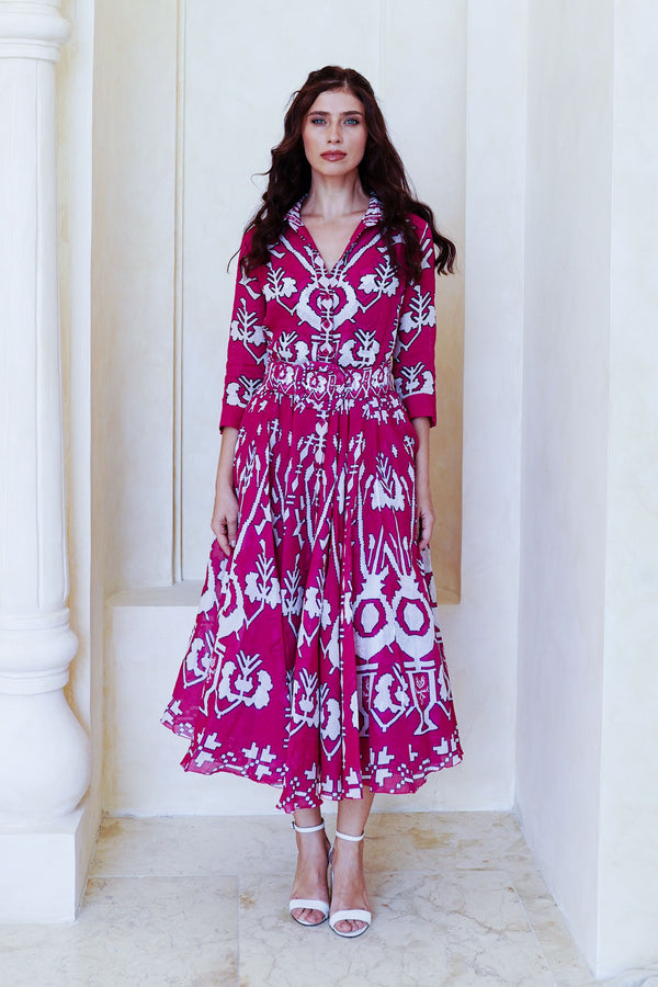 Aster Dress Shirt Collar 3/4 Sleeve Maximum Length Cotton Mudola (Kos Embroidery Ground)