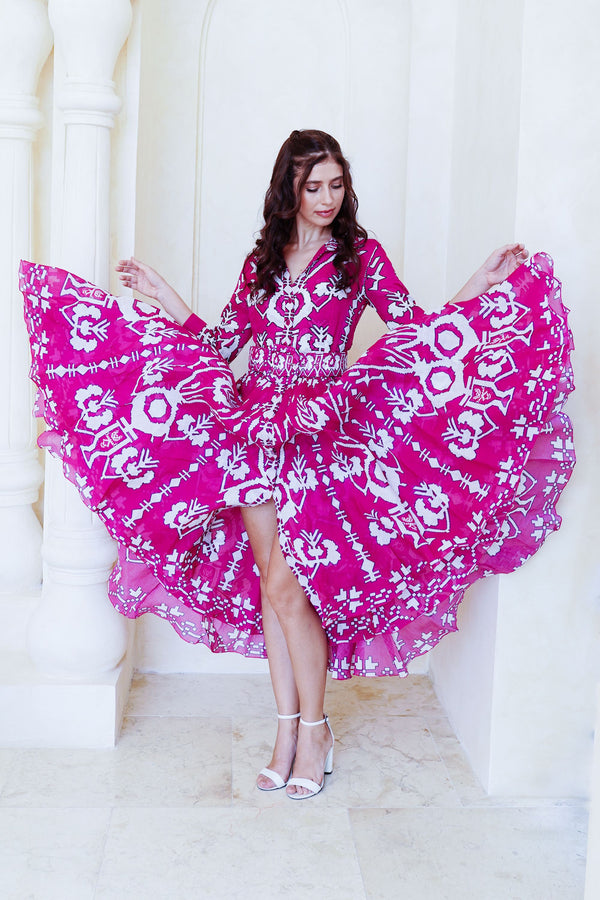 Aster Dress Shirt Collar 3/4 Sleeve Maximum Length Cotton Mudola (Kos Embroidery Ground)