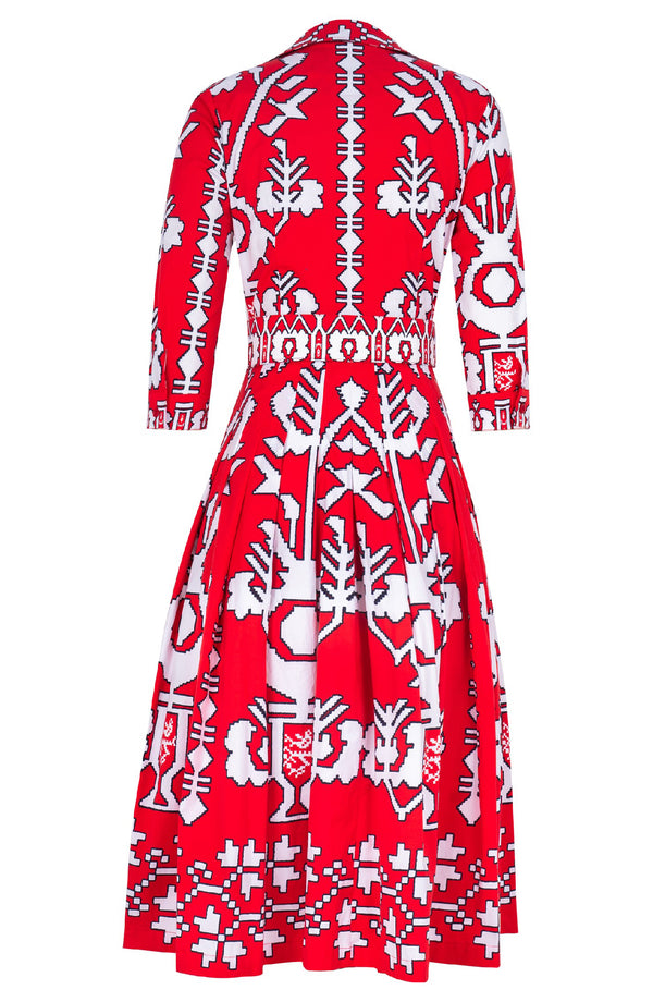 Audrey Dress #2 Shirt Collar 3/4 Sleeve Midi Length Cotton Stretch (Kos Embroidery Ground)