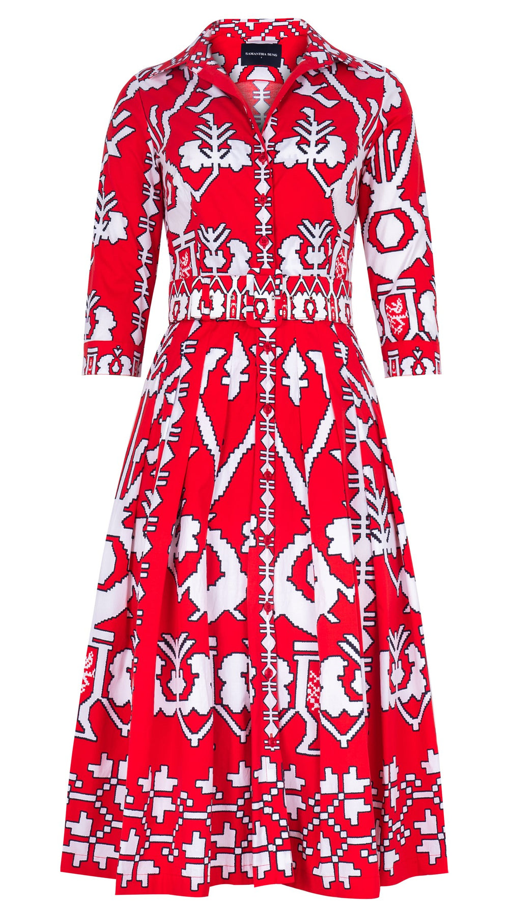 Audrey Dress #2 Shirt Collar 3/4 Sleeve Midi Length Cotton Stretch (Kos Embroidery Ground)