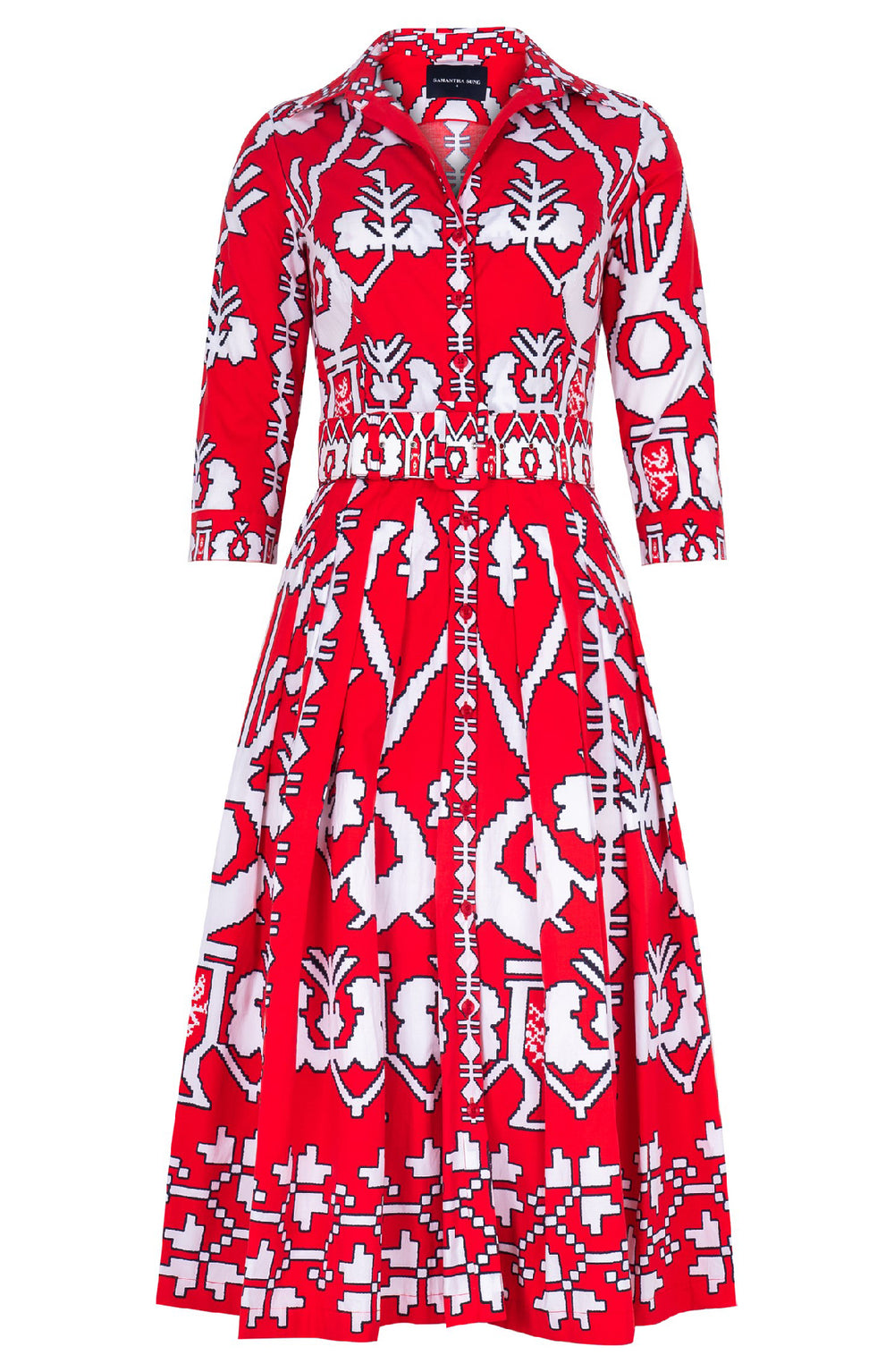 Audrey Dress #2 Shirt Collar 3/4 Sleeve Midi Length Cotton Stretch (Kos Embroidery Ground)