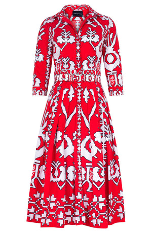 Audrey Dress #2 Shirt Collar 3/4 Sleeve Midi Length Cotton Stretch (Kos Embroidery Ground)
