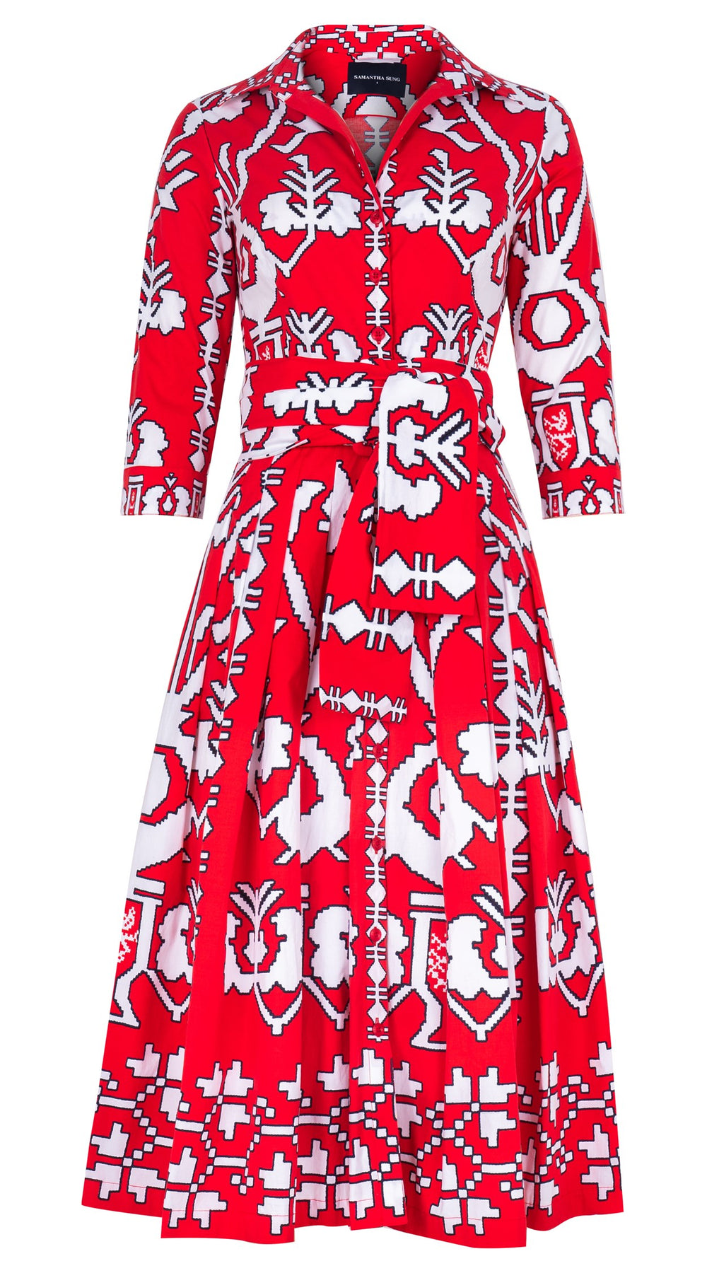 Audrey Dress #2 Shirt Collar 3/4 Sleeve Midi Length Cotton Stretch (Kos Embroidery Ground)