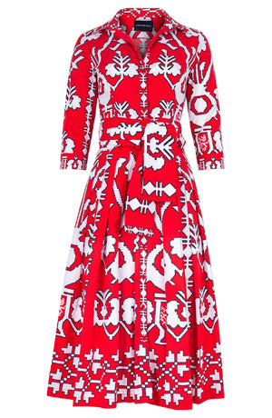 Audrey Dress #2 Shirt Collar 3/4 Sleeve Midi Length Cotton Stretch (Kos Embroidery Ground)