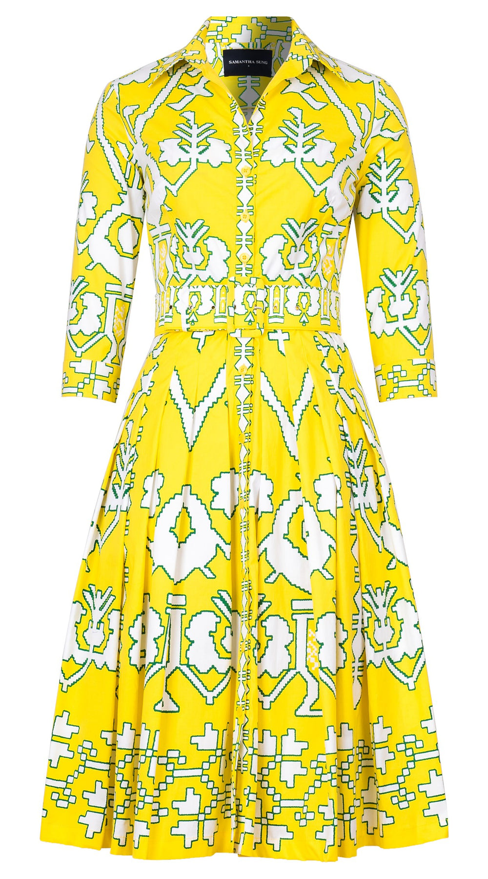 Audrey Dress #2 Shirt Collar 3/4 Sleeve Long Length Cotton Stretch (Kos Embroidery Ground)