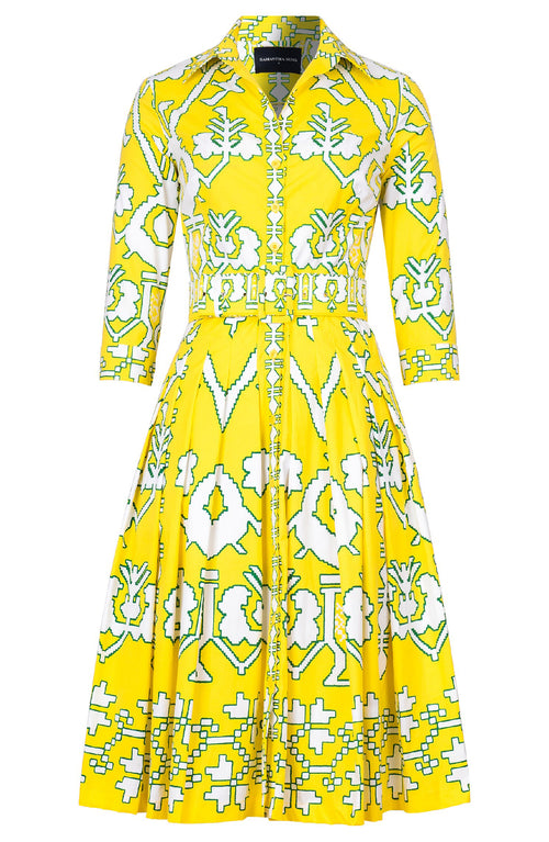 Audrey Dress #2 Shirt Collar 3/4 Sleeve Long Length Cotton Stretch (Kos Embroidery Ground)