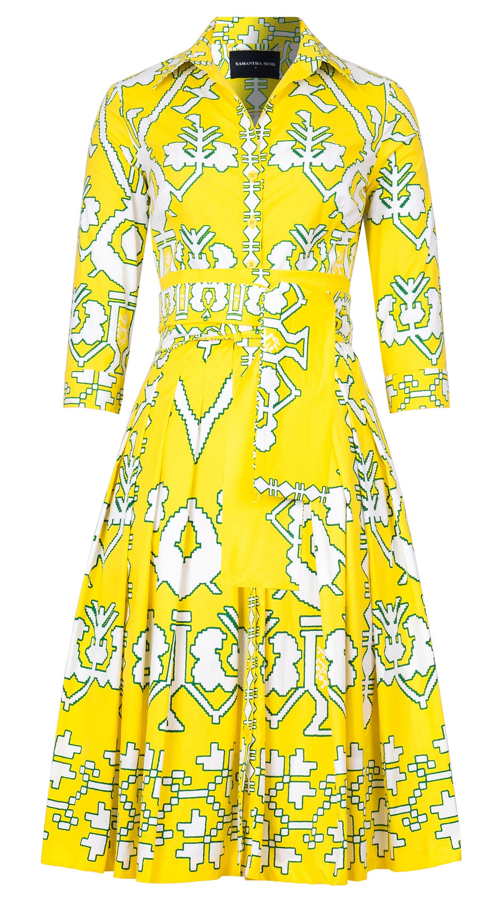 Audrey Dress #2 Shirt Collar 3/4 Sleeve Long Length Cotton Stretch (Kos Embroidery Ground)