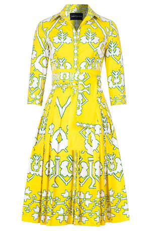 Audrey Dress #2 Shirt Collar 3/4 Sleeve Long Length Cotton Stretch (Kos Embroidery Ground)