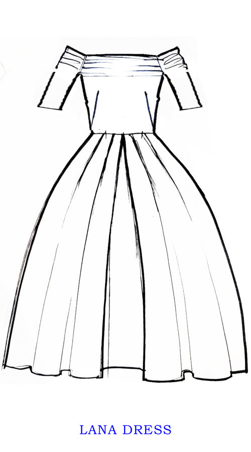 Lana Dress High Off Shoulder 1/2 Sleeve with Tulle Midi Cotton Stretch (Rockcress Flower White)