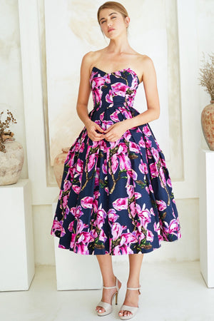 Lana Dress Sweetheart Strapless with Tulle Midi Cotton Stretch (Magnolia Blossom)