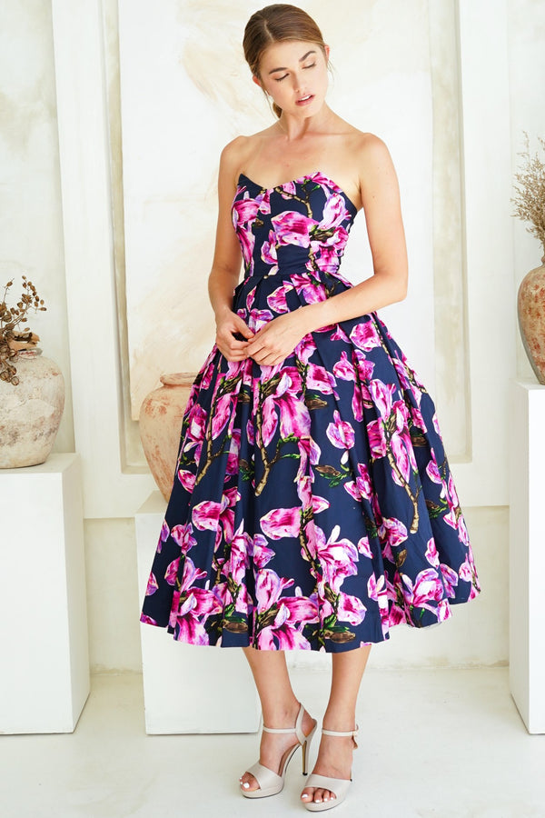 Lana Dress Sweetheart Strapless with Tulle Midi Cotton Stretch (Magnolia Blossom)