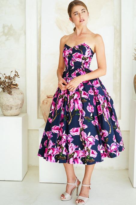 Lana Dress Sweetheart Strapless with Tulle Midi Cotton Stretch (Magnolia Blossom)
