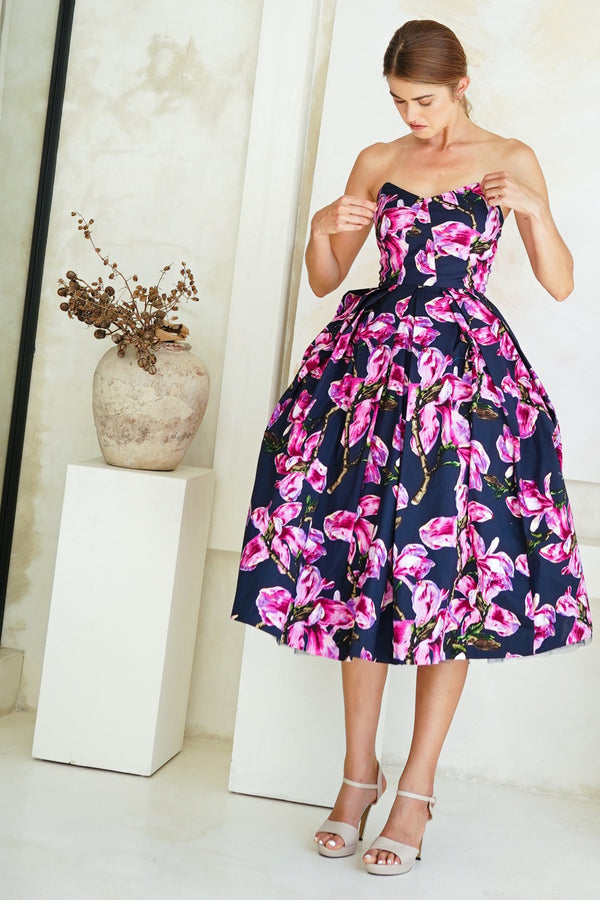 Lana Dress Sweetheart Strapless with Tulle Midi Cotton Stretch (Magnolia Blossom)