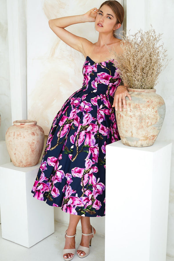 Lana Dress Sweetheart Strapless with Tulle Midi Cotton Stretch (Magnolia Blossom)