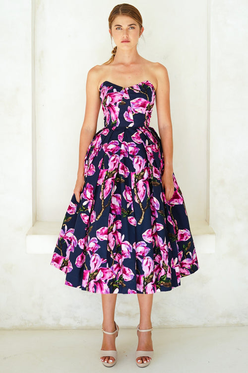 Lana Dress Sweetheart Strapless with Tulle Midi Cotton Stretch (Magnolia Blossom)