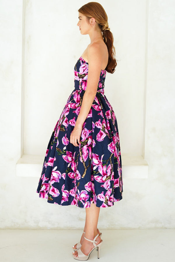 Lana Dress Sweetheart Strapless with Tulle Midi Cotton Stretch (Magnolia Blossom)