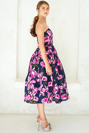 Lana Dress Sweetheart Strapless with Tulle Midi Cotton Stretch (Magnolia Blossom)