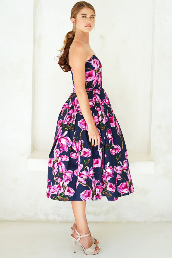 Lana Dress Sweetheart Strapless with Tulle Midi Cotton Stretch (Magnolia Blossom)
