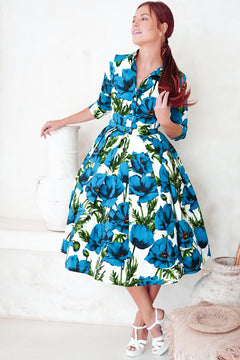 Lana Dress Shirt Collar 3/4 Sleeve Midi Length Cotton Stretch (Poppy Polland) @2