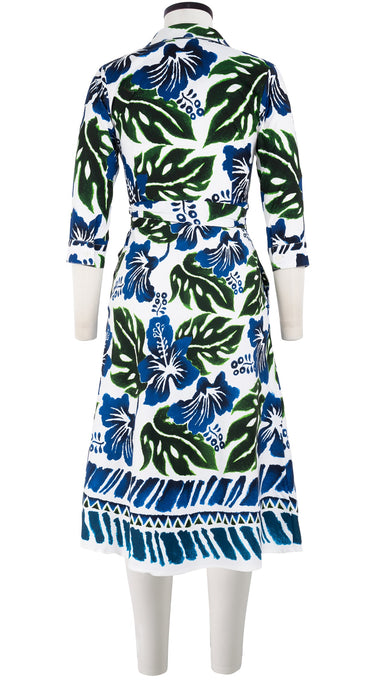 Olivia Dress Shirt Collar 3/4 Sleeve Long Length Cotton Stretch (Lanai Hibiscus Border)