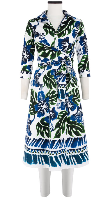 Olivia Dress Shirt Collar 3/4 Sleeve Long Length Cotton Stretch (Lanai Hibiscus Border)