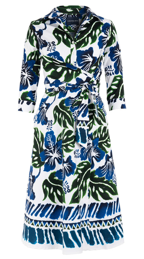 Olivia Dress Shirt Collar 3/4 Sleeve Long Length Cotton Stretch (Lanai Hibiscus Border)