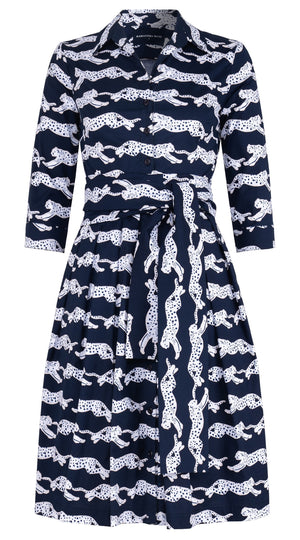 Audrey Dress #1 Shirt Collar 3/4 Sleeve Regular Length Cotton Stretch (Leaping Tiger)