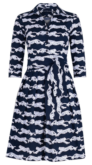 Audrey Dress #1 Shirt Collar 3/4 Sleeve Regular Length Cotton Stretch (Leaping Tiger)