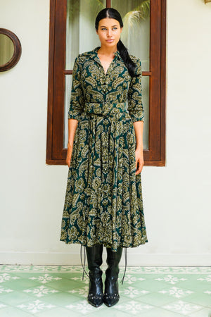 Audrey Dress #4 Shirt Collar 3/4 Sleeve Midi Length Wool (Liberty Velvet Dark) - Deep Green