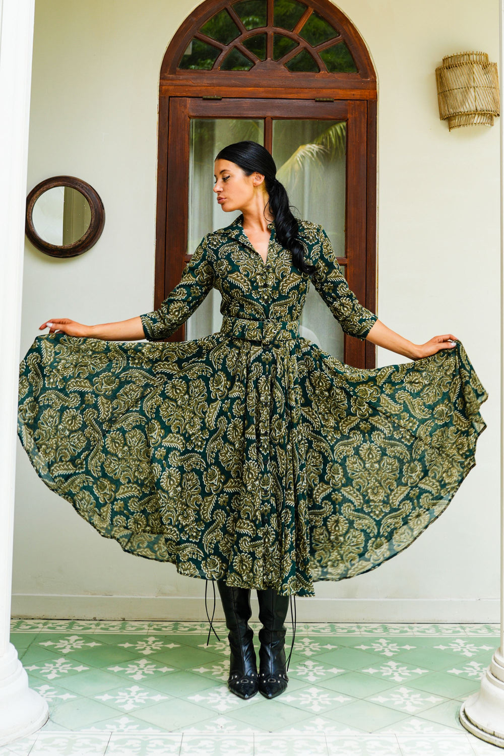 Audrey Dress #4 Shirt Collar 3/4 Sleeve Midi Length Wool (Liberty Velvet Dark) - Deep Green