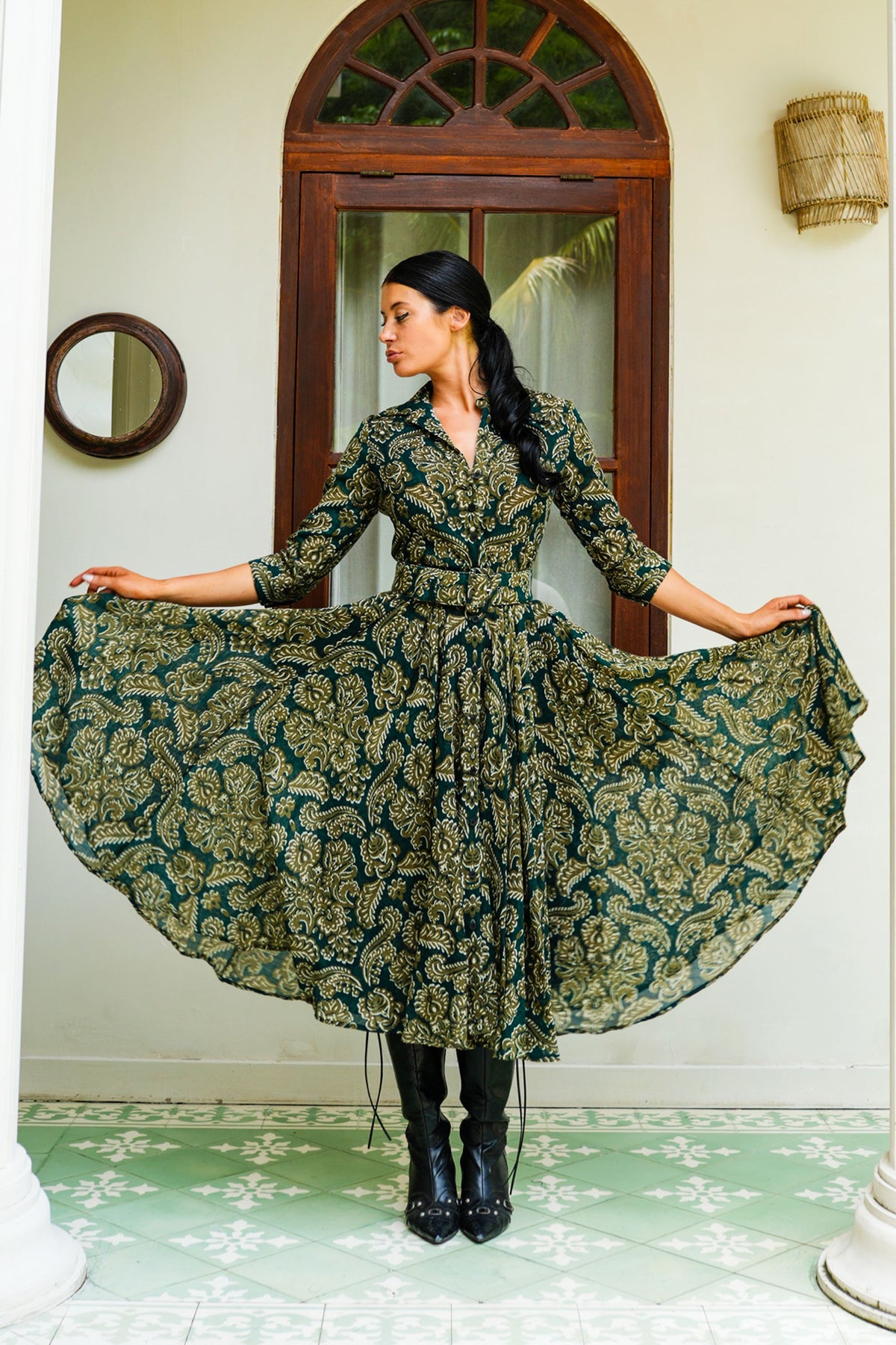 liberty green dress Audrey #4 Shirt Collar 3/4 Sleeve Midi Length Wool (Liberty Dark upsell-april-20