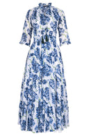 Eden Dress Crew Neck 3/4 Sleeve Maxi Length Cotton Musola (Lilac Bunch White)