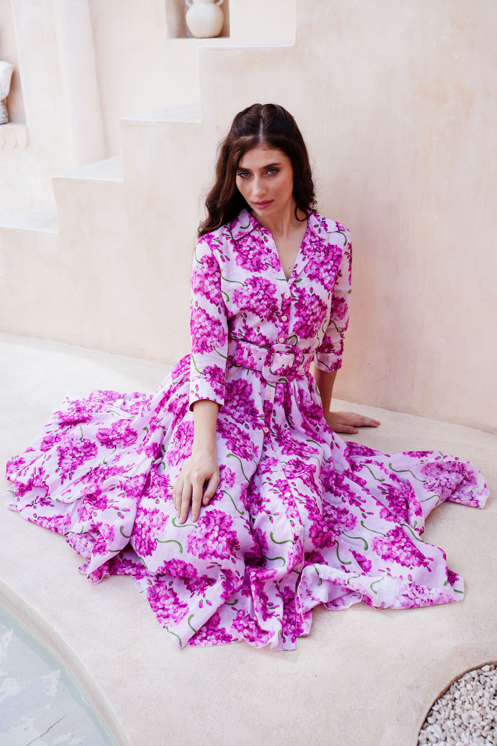 Aster Dress Shirt Collar 3/4 Sleeve Midi Length Cotton Musola (Lilac Bunch Large Pastel)