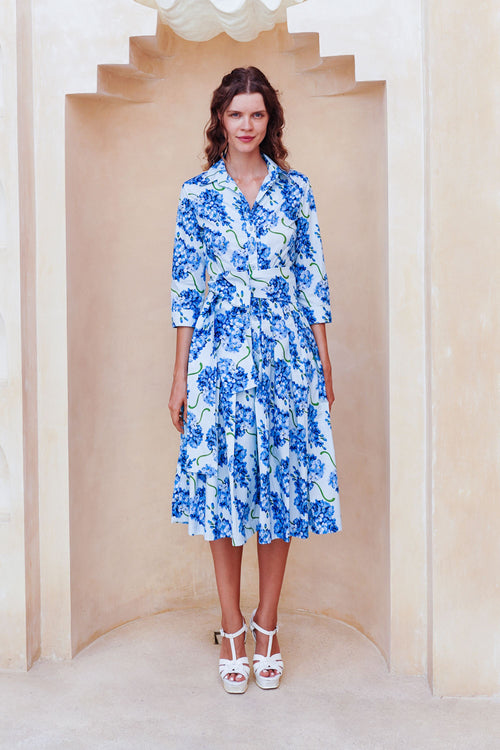 Audrey Dress #2 Shirt Collar 3/4 Sleeve Long Length Cotton Stretch (Lilac Bunch Large Pastel)