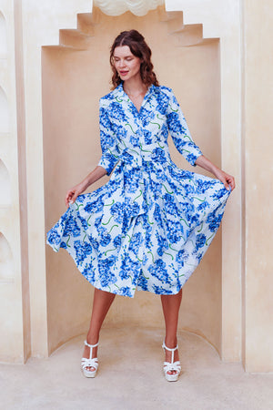 Audrey Dress #2 Shirt Collar 3/4 Sleeve Long Length Cotton Stretch (Lilac Bunch Large Pastel)