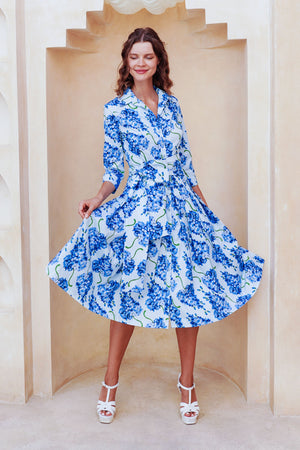 Audrey Dress #2 Shirt Collar 3/4 Sleeve Long Length Cotton Stretch (Lilac Bunch Large Pastel)