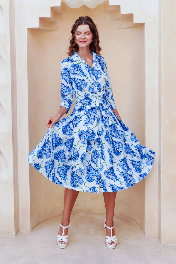 Audrey Dress #2 Shirt Collar 3/4 Sleeve Long Length Cotton Stretch (Lilac Bunch Large Pastel)