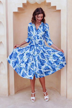 Audrey Dress #2 Shirt Collar 3/4 Sleeve Long Length Cotton Stretch (Lilac Bunch Large Pastel)