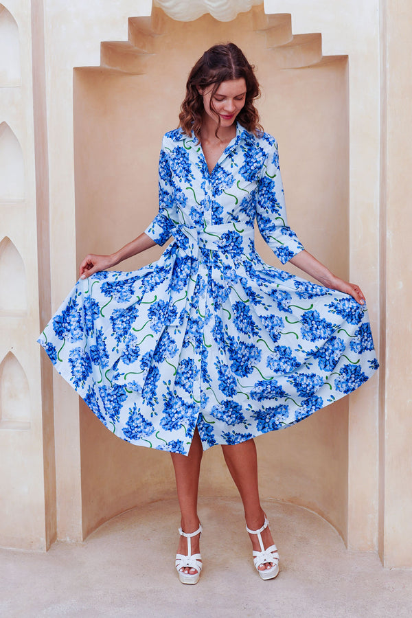 Audrey Dress #2 Shirt Collar 3/4 Sleeve Long Length Cotton Stretch (Lilac Bunch Large Pastel)