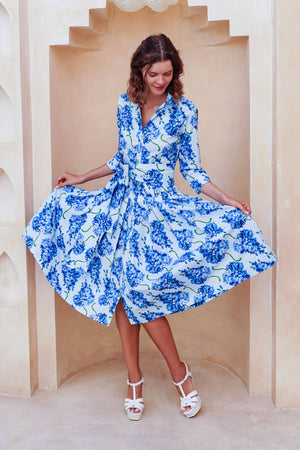 Audrey Dress #2 Shirt Collar 3/4 Sleeve Long Length Cotton Stretch (Lilac Bunch Large Pastel)