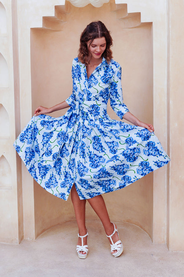 Audrey Dress #2 Shirt Collar 3/4 Sleeve Long Length Cotton Stretch (Lilac Bunch Large Pastel)