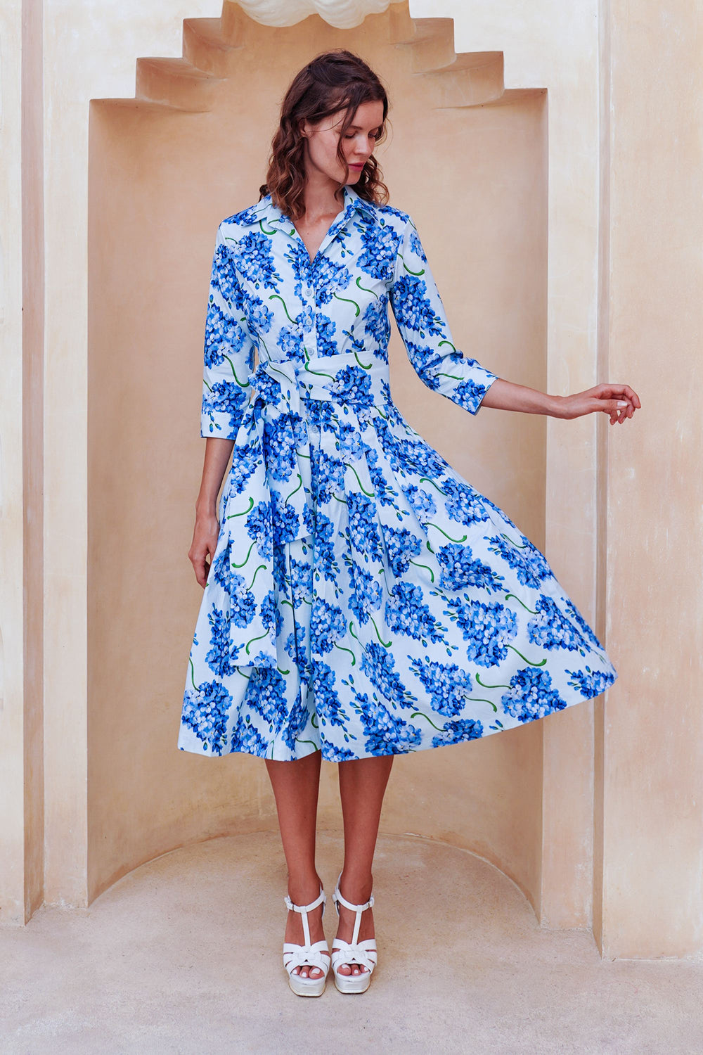 Audrey Dress #2 Shirt Collar 3/4 Sleeve Long Length Cotton Stretch (Lilac Bunch Large Pastel)