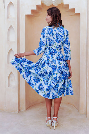 Audrey Dress #2 Shirt Collar 3/4 Sleeve Long Length Cotton Stretch (Lilac Bunch Large Pastel)