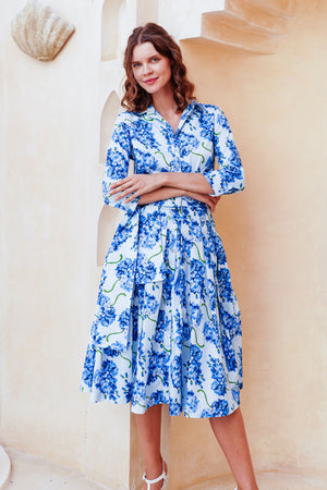 Audrey Dress #2 Shirt Collar 3/4 Sleeve Long Length Cotton Stretch (Lilac Bunch Large Pastel)