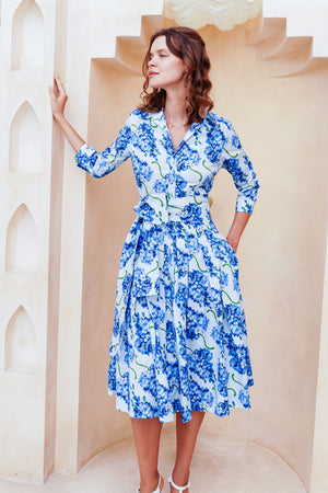 Audrey Dress #2 Shirt Collar 3/4 Sleeve Long Length Cotton Stretch (Lilac Bunch Large Pastel)