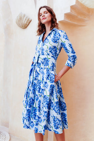 Audrey Dress #2 Shirt Collar 3/4 Sleeve Long Length Cotton Stretch (Lilac Bunch Large Pastel)